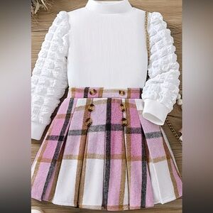 Puff White Long Sleeve Top and Pink Plaid Skirt